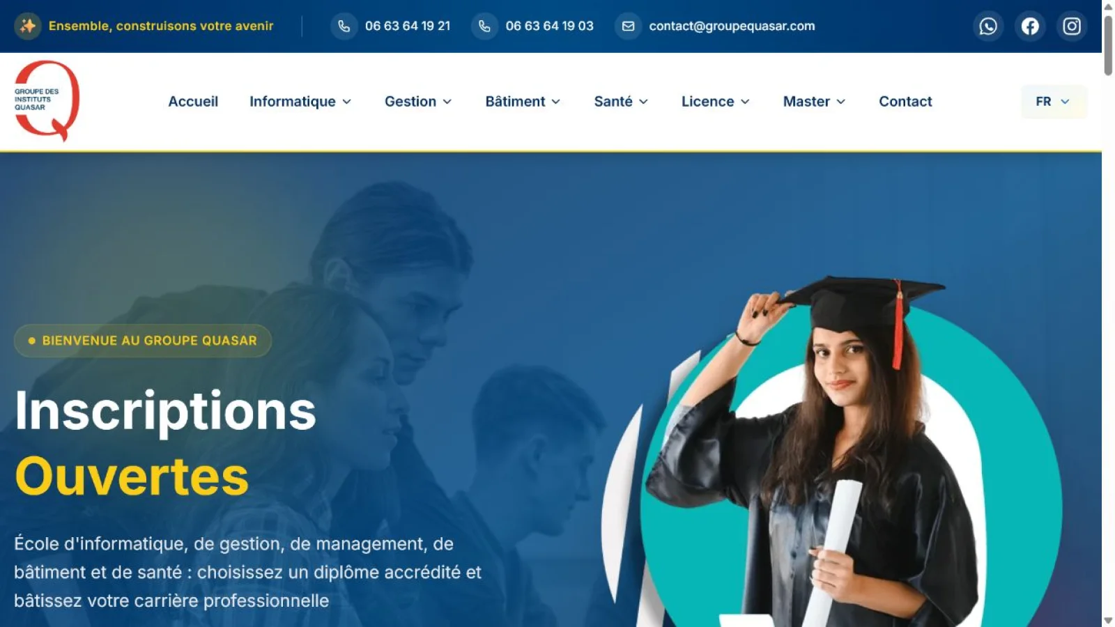 Capture du site Groupe Quasar présentant les inscriptions et les formations à Marrakech