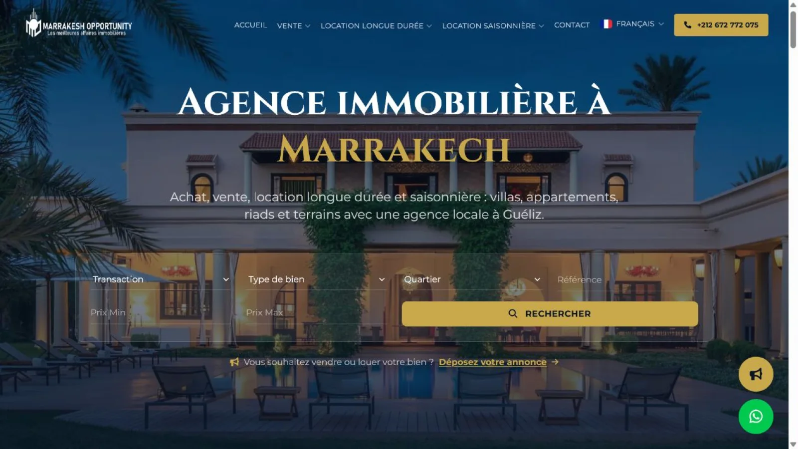 Capture du site Marrakesh Opportunity avec moteur de recherche de biens immobiliers à Marrakech