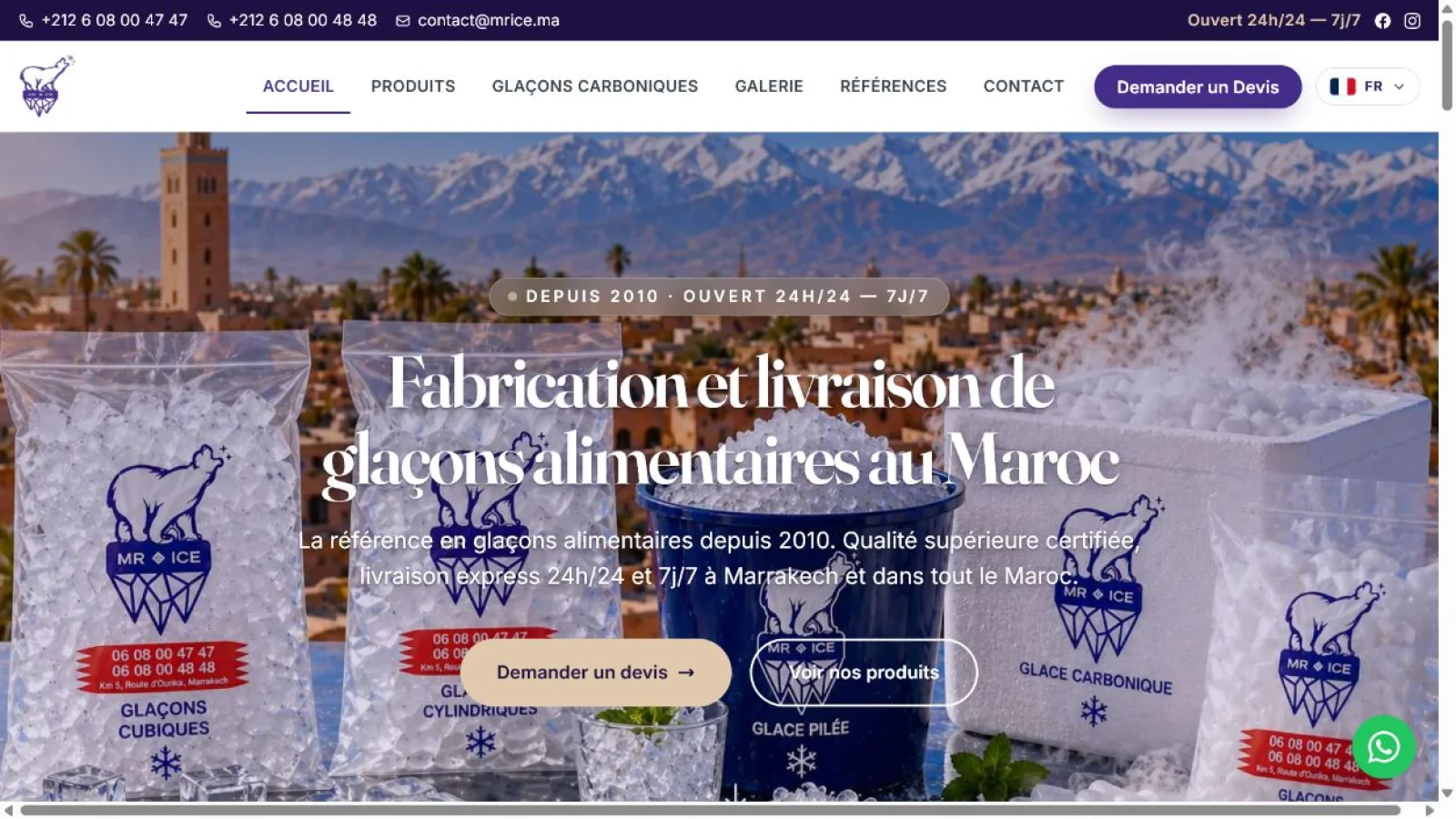 Capture du site Mr Ice présentant la fabrication et la livraison de glaçons alimentaires au Maroc