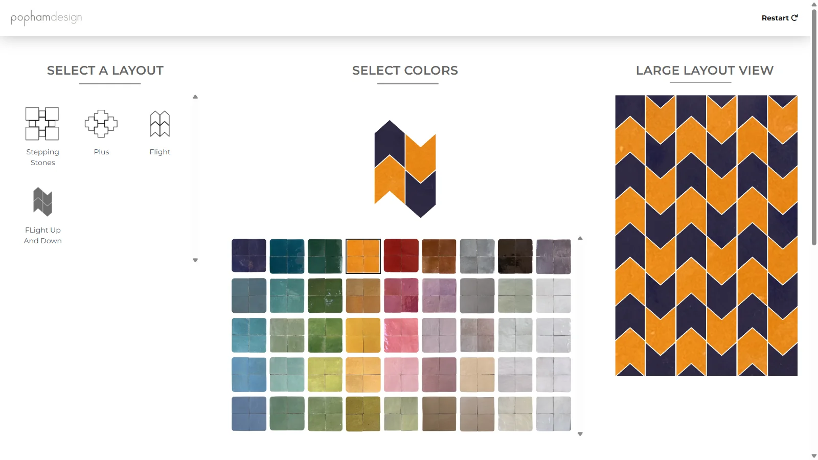 Capture du simulateur Popham Design montrant une composition de zellige personnalisée en bleu Abyss et orange Marigold