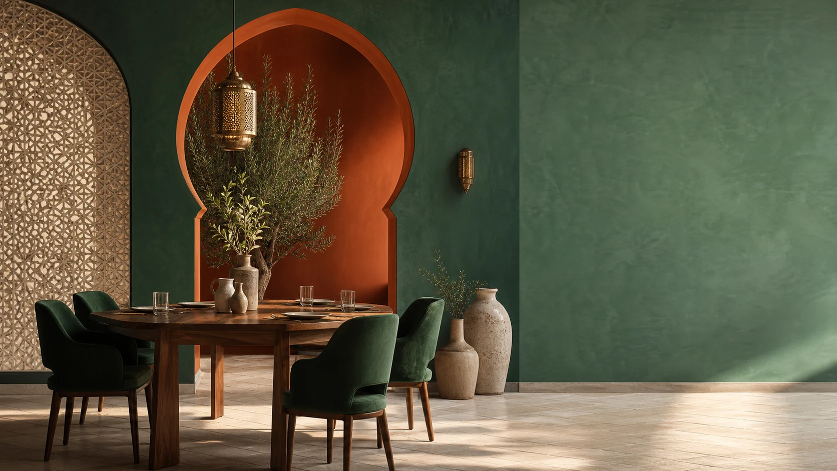 Intérieur contemporain de restaurant marocain vert avec arche orange