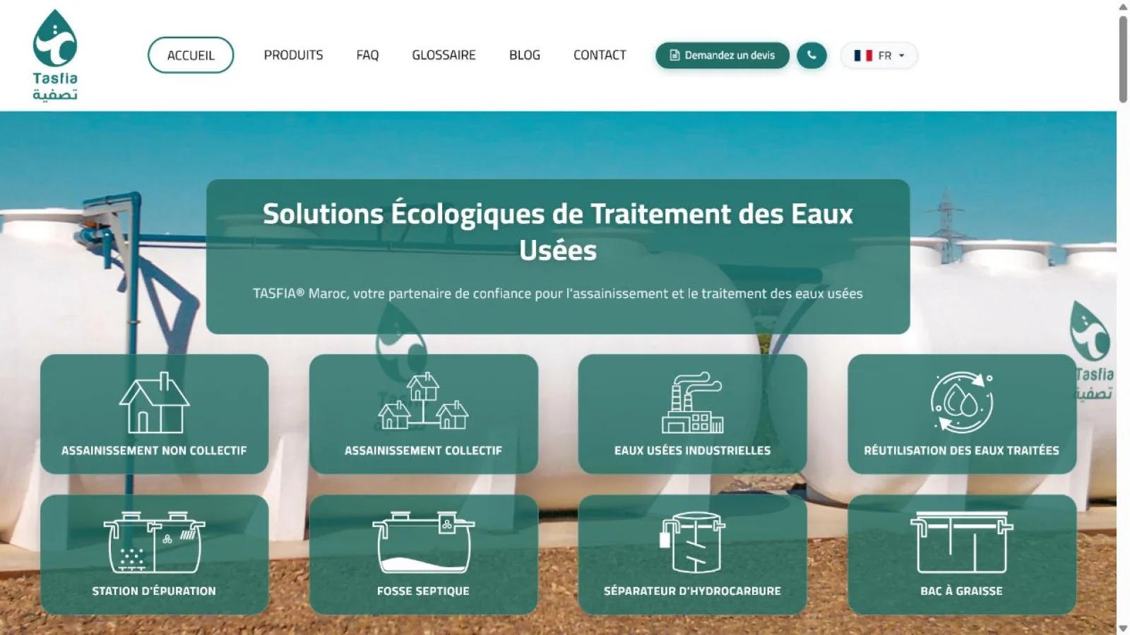 Capture du site Tasfia présentant les solutions de traitement et de réutilisation des eaux usées