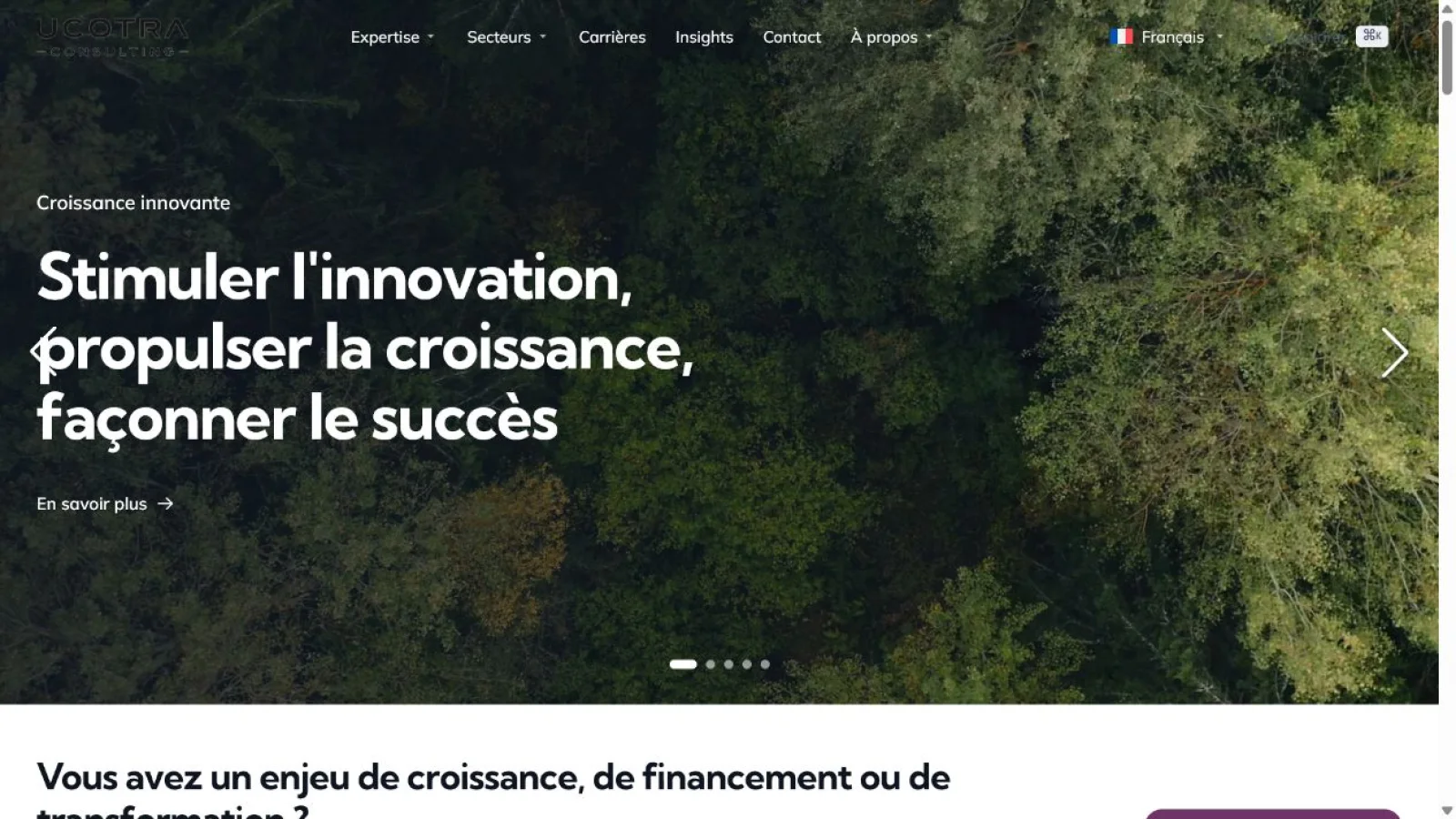 Capture du site UCOTRA Consulting présentant son positionnement en stratégie et transformation